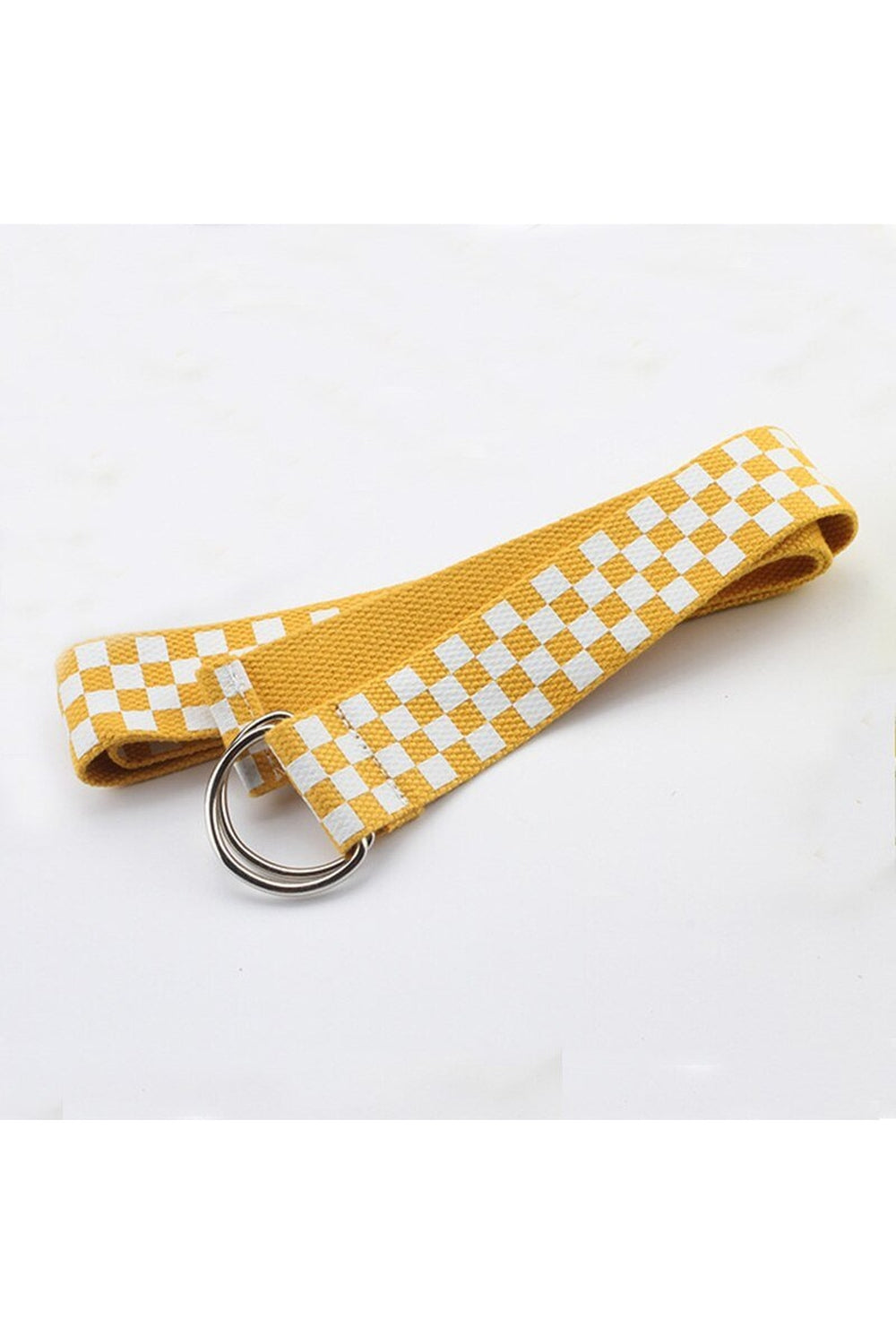 Yellow plaid canvas belt for Skater Girl style.