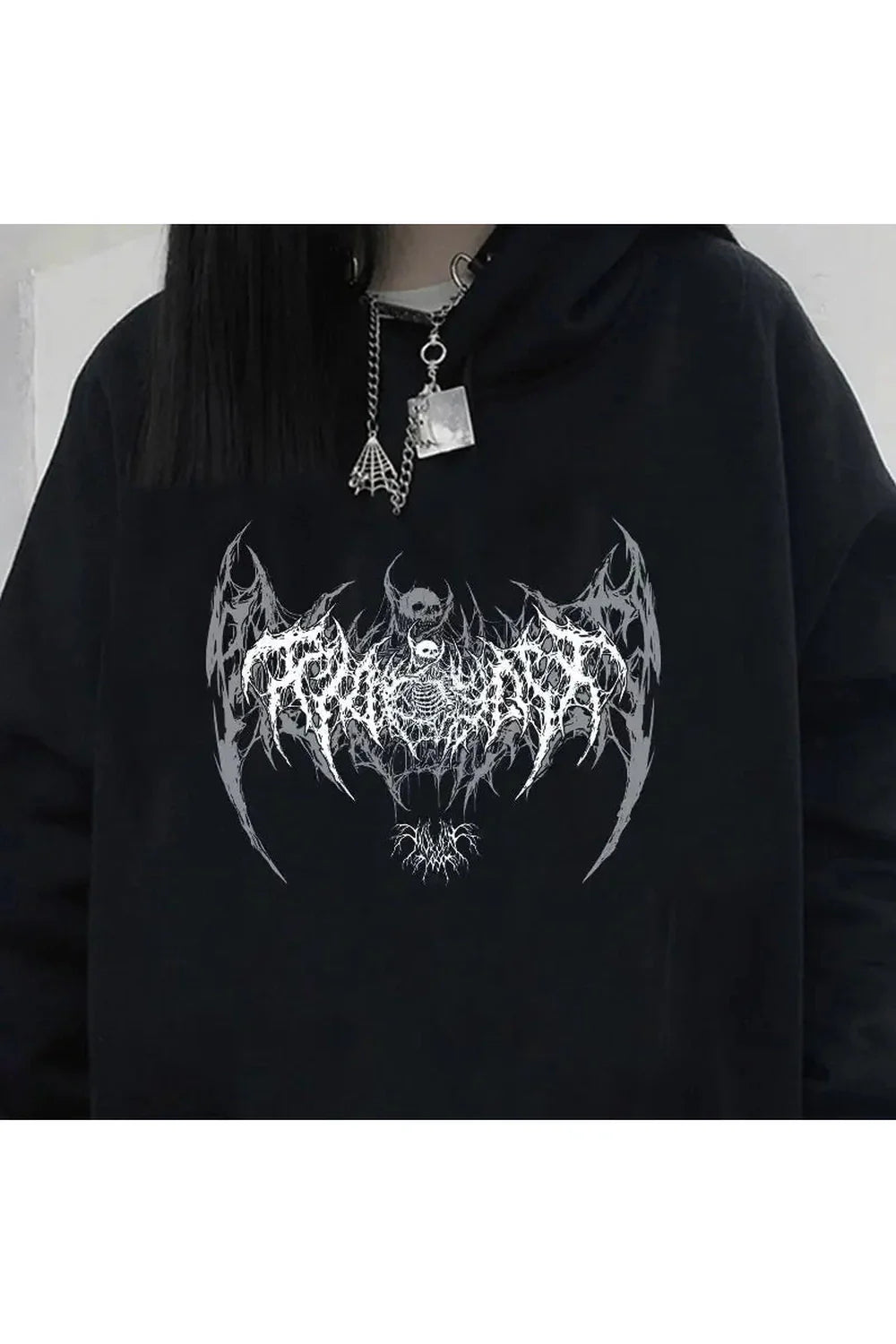 Long sleeve black hoodie with fall skull graphic.