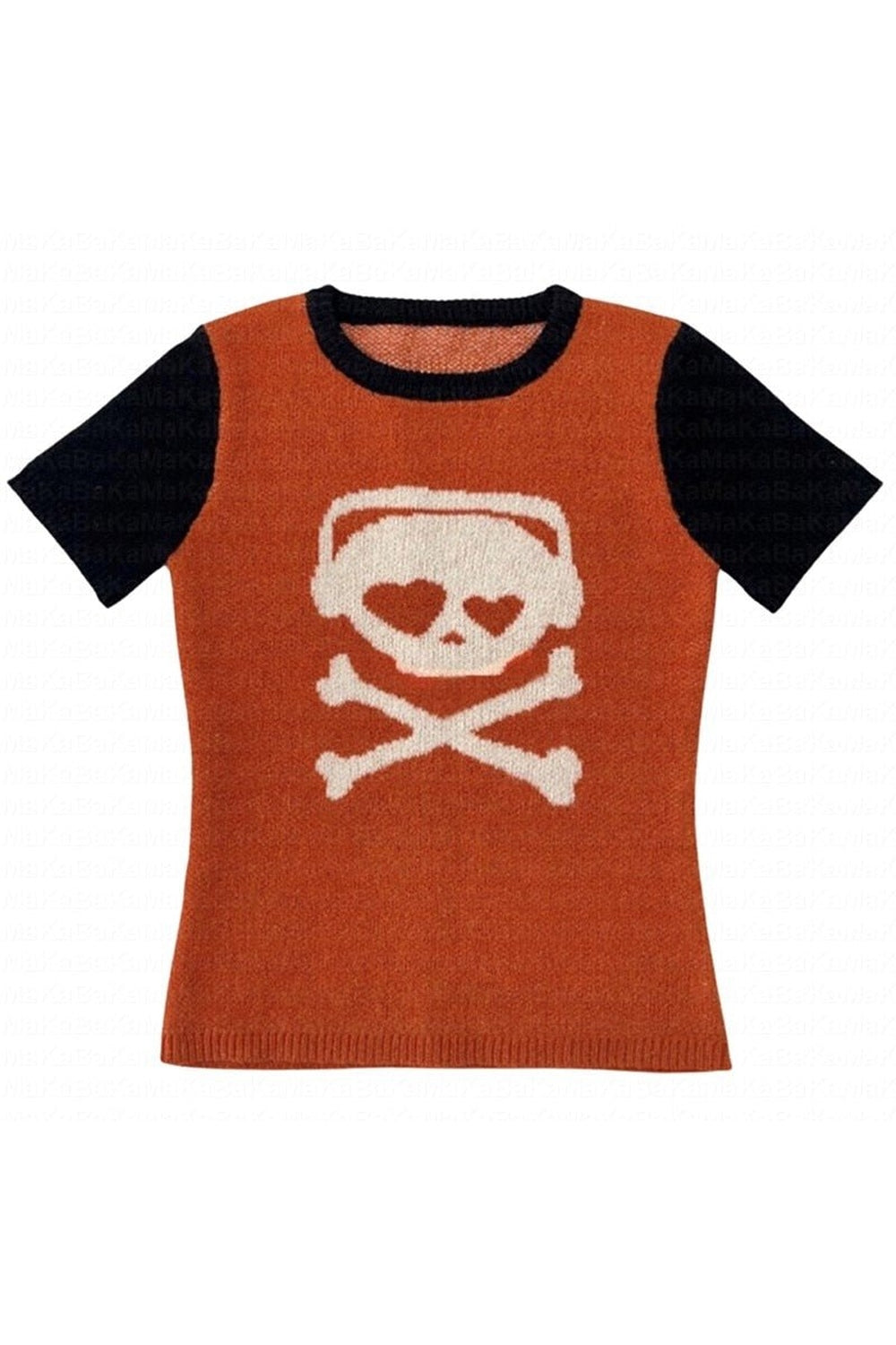 Orange Skull Print Knit Crop Top, edgy style.