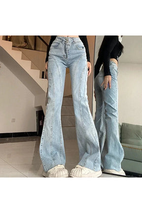 Stylish Skywave Stitch Flare Jeans in Light Blue.