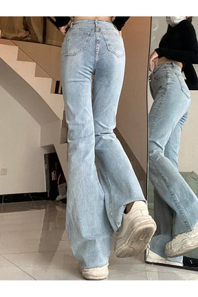 Stylish Skywave Stitch Flare Jeans in Light Blue.