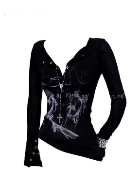 Black smoke print goth top exudes boldness.