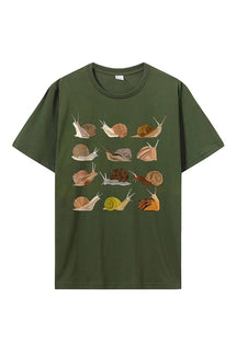 Army Green Snail Graphic Cotton T-Shirt with snail.