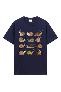 Navy snail graphic tee, casual cotton style.