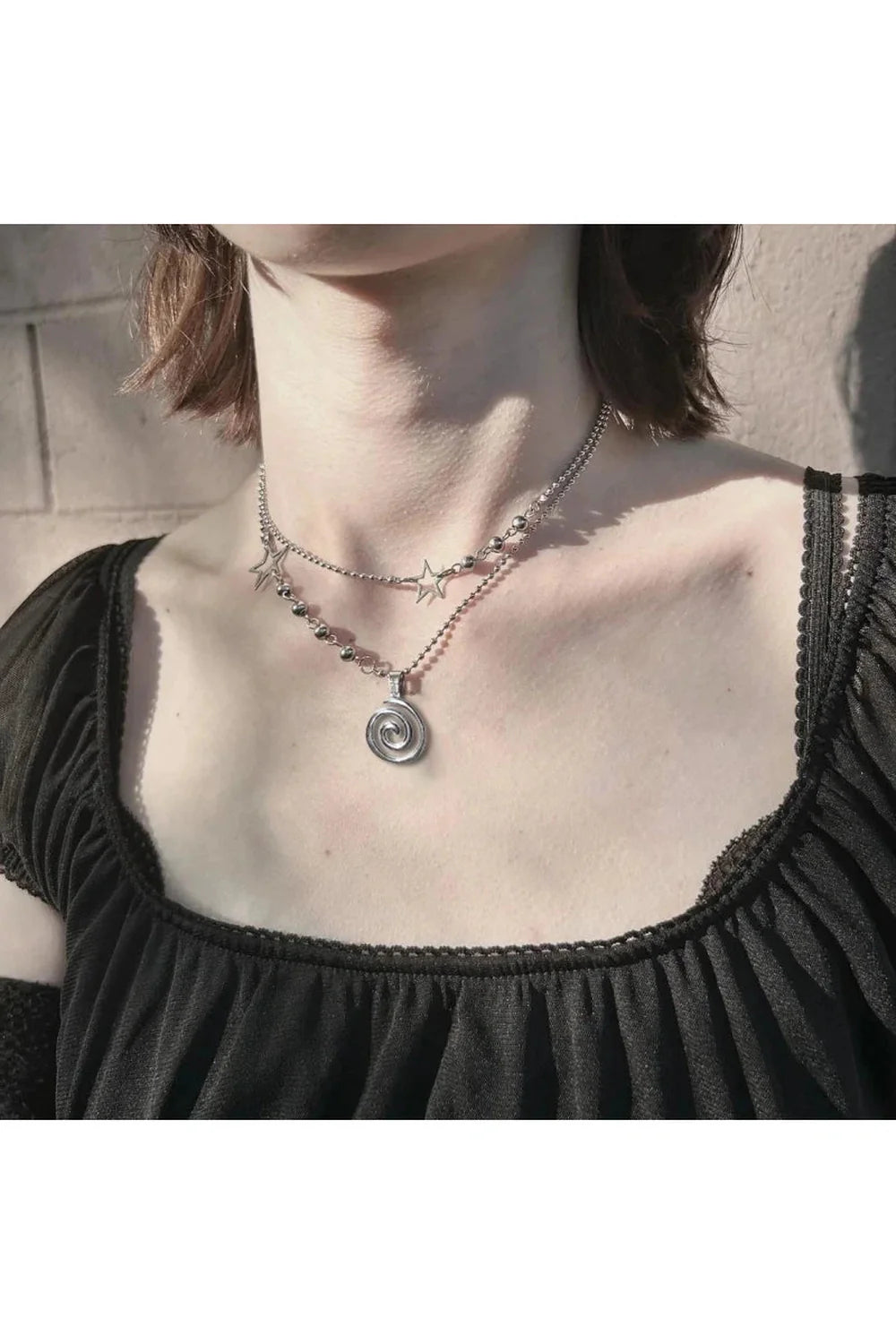 Spiral Pendant Layered Choker in Steel Color, minimalist chic.