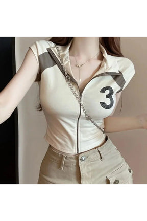 Khaki T-shirt Sporty Chic Zip-Up Crop Top.