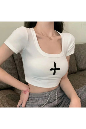 White Spring Black Cross Print Crop Top. Bold.