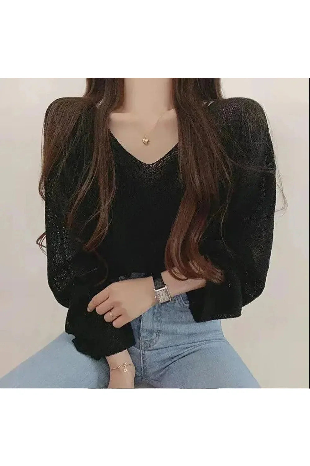 Fall Spring Black Knit Cropped Sweater