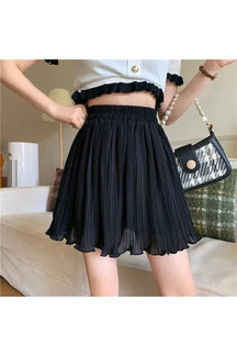 Black lined Spring Pleated Schoolgirl Mini Skirt outfit.