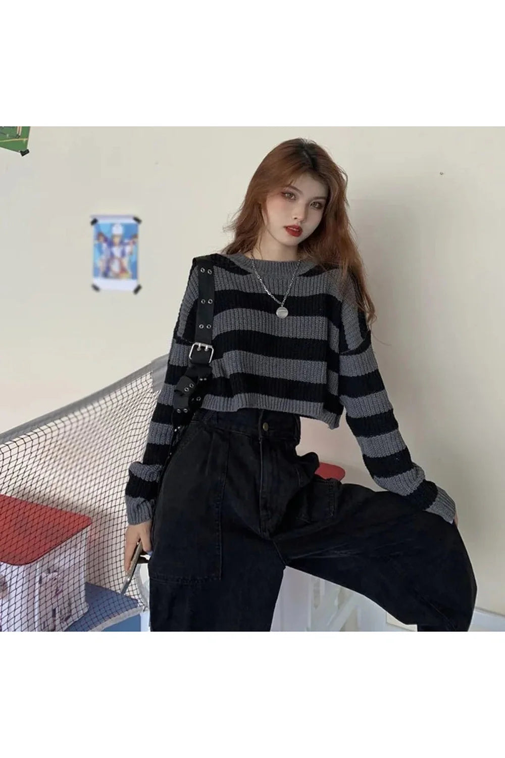 Fall Spring Striped Cropped O-neck Sweater