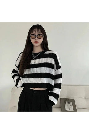 Fall Spring Striped Cropped O-neck Sweater