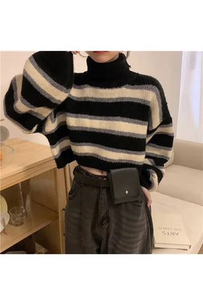 Fall Spring Striped Turtleneck Crop Sweater