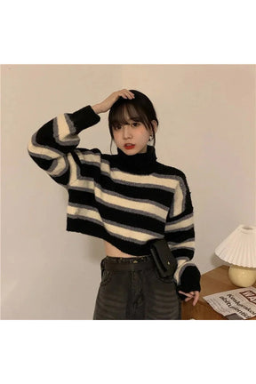 Fall Spring Striped Turtleneck Crop Sweater