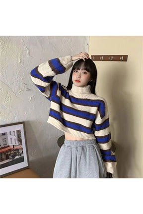 Fall Spring Striped Turtleneck Crop Sweater