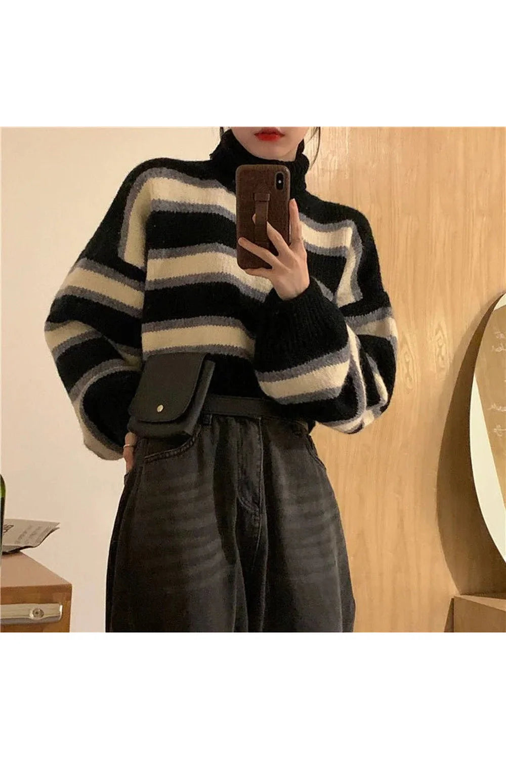 Fall Spring Striped Turtleneck Crop Sweater