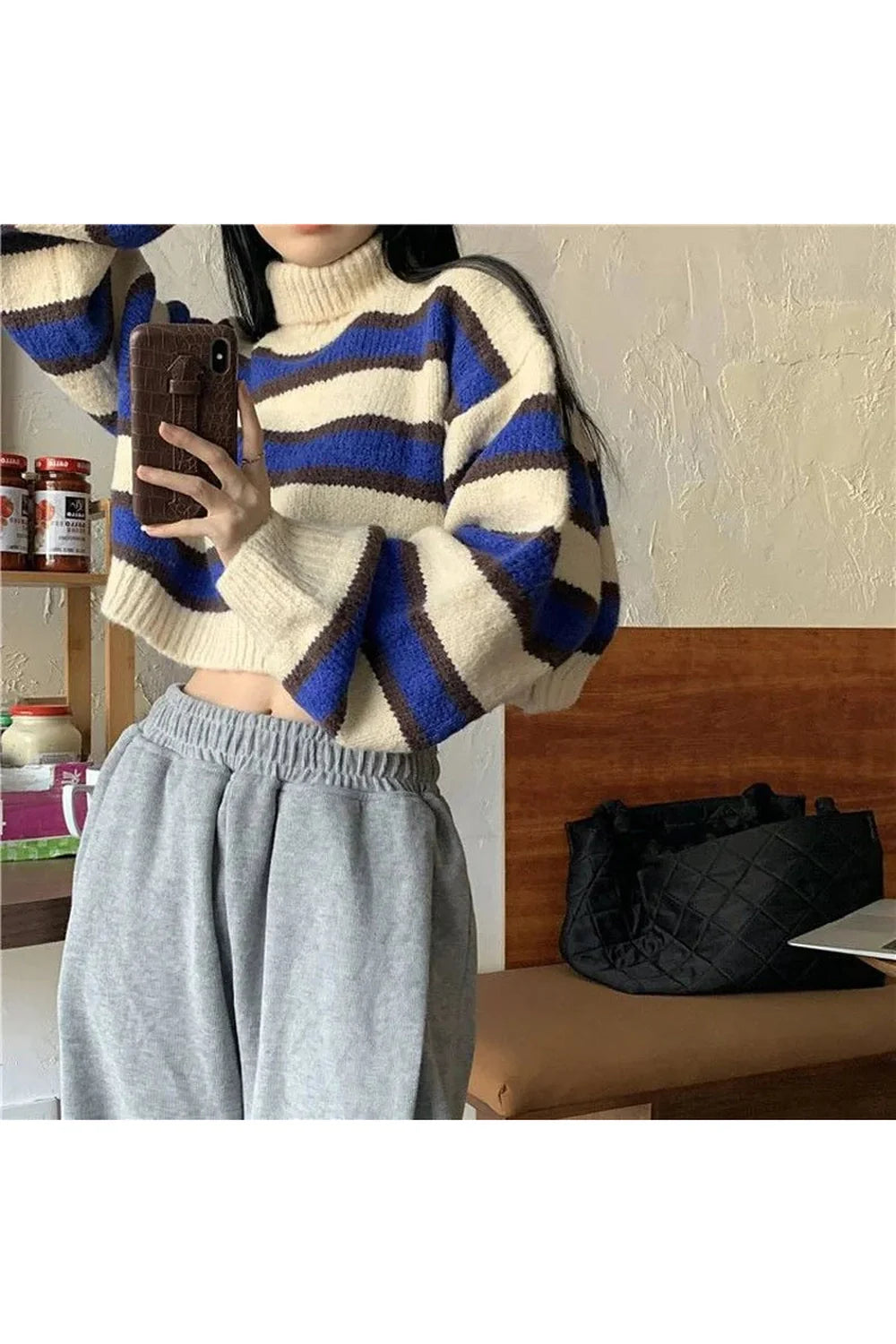 Fall Spring Striped Turtleneck Crop Sweater