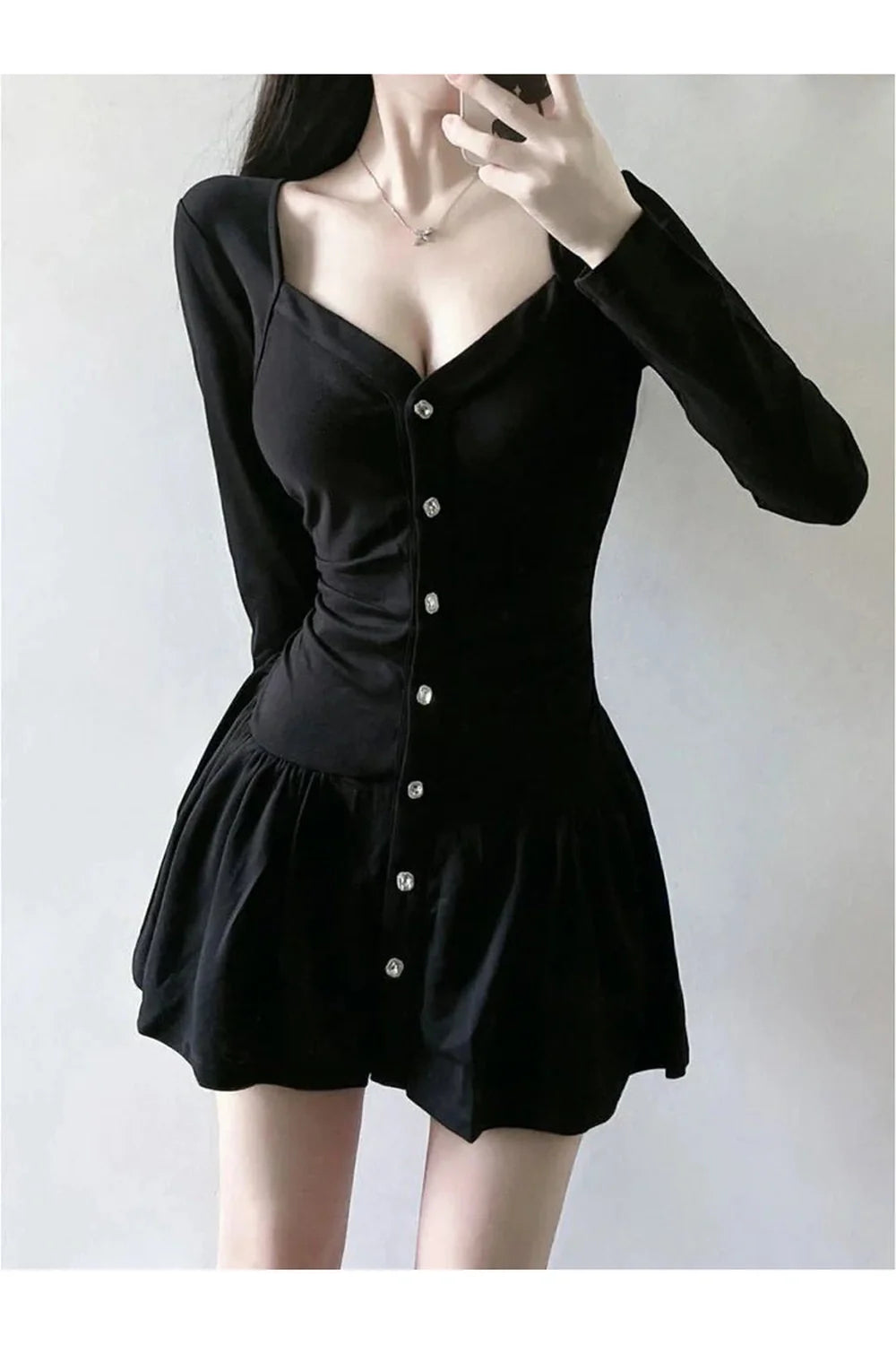 Square Collar Black Dress