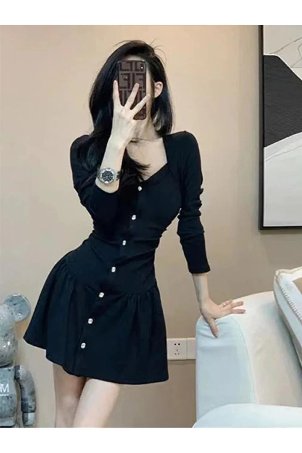 Elegant Square Collar Black Dress in Black.