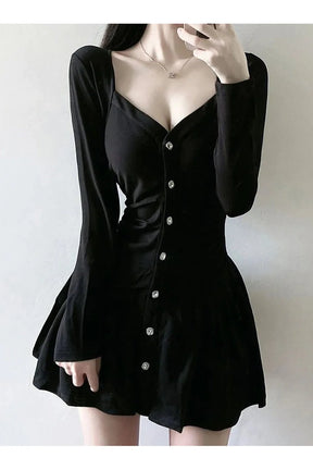 Elegant Square Collar Black Dress in Black.