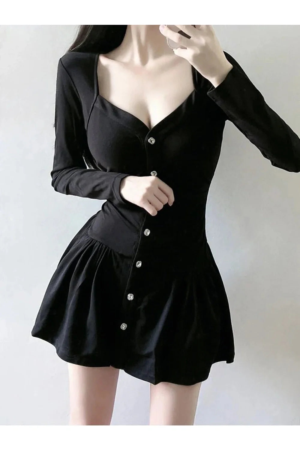 Square Collar Black Dress