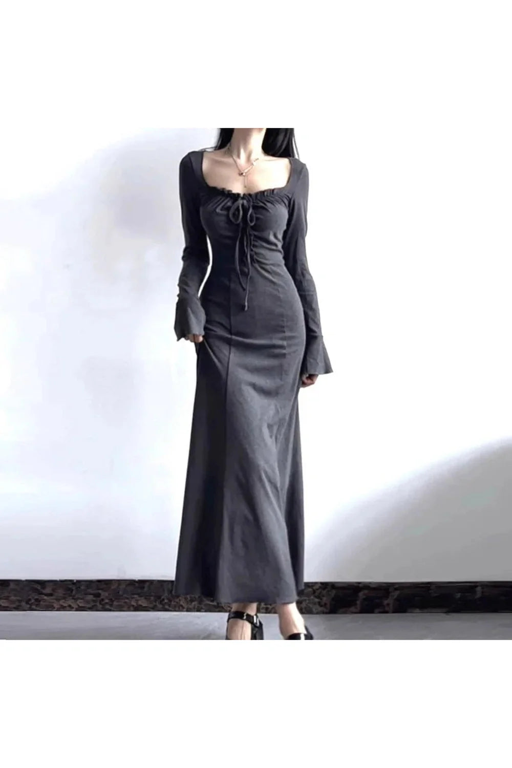 Elegant Gray Square Collar Mermaid Dress with flair.