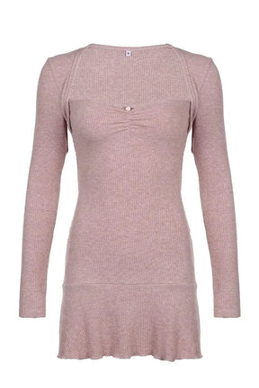 Square Neck Pink Autumn Dress