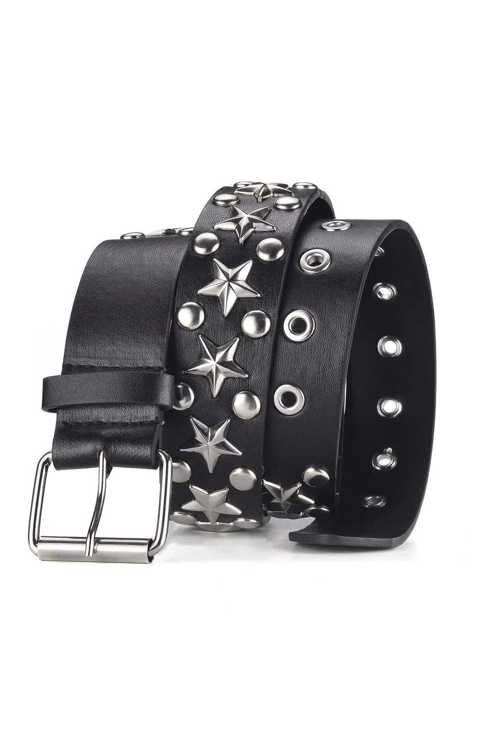 Stylish black belt adorned with star studs.