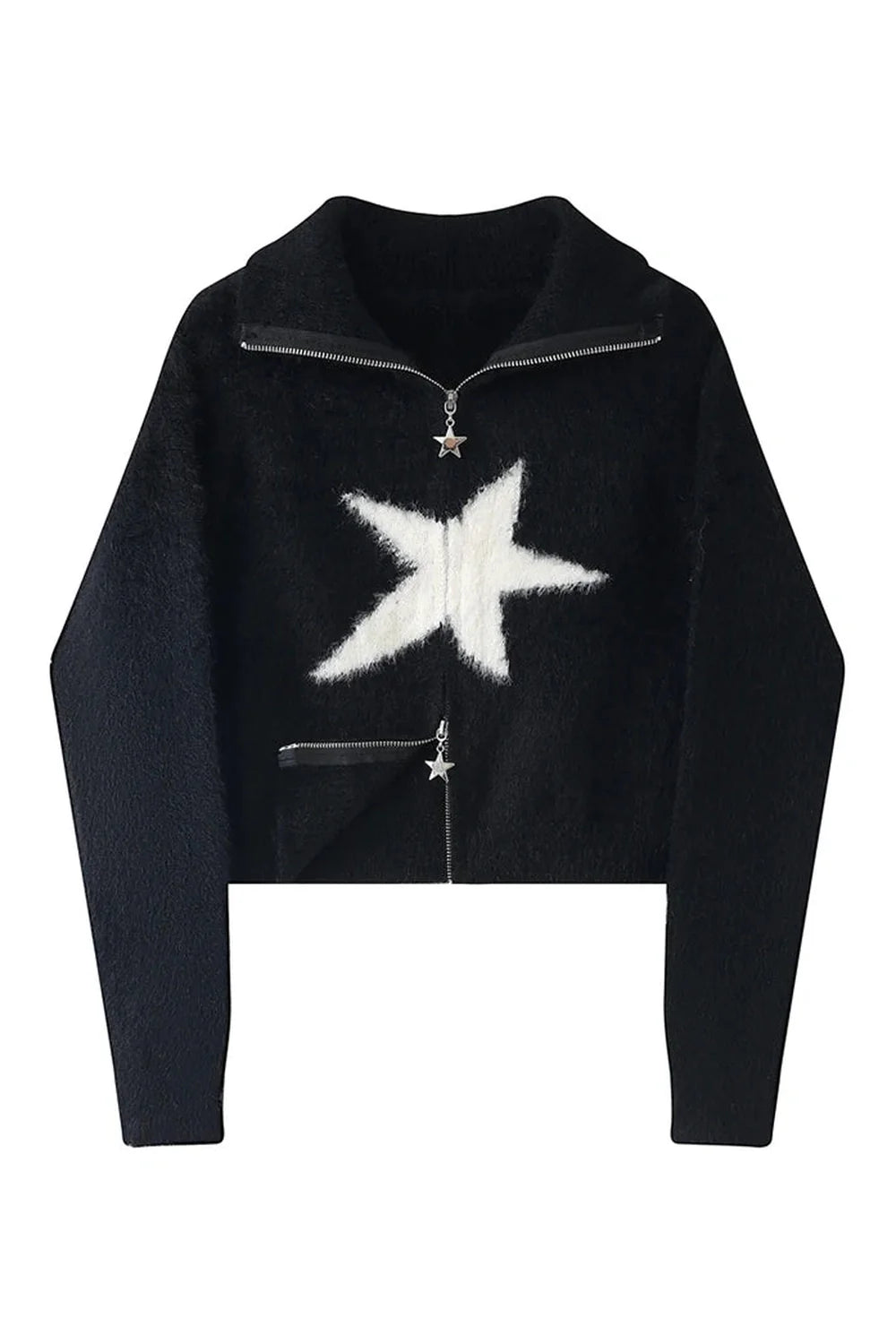 Cozy black Fall Star Zip-Up Sweater.