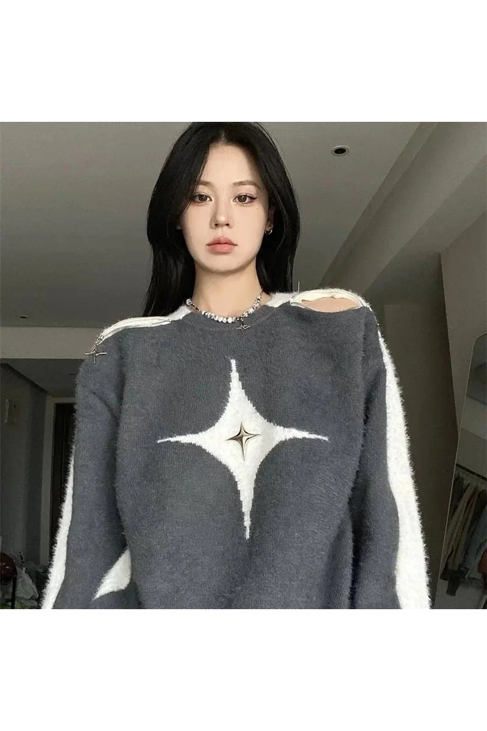 Cozy Fall Starlight Distress Knit Sweater in GRAY.