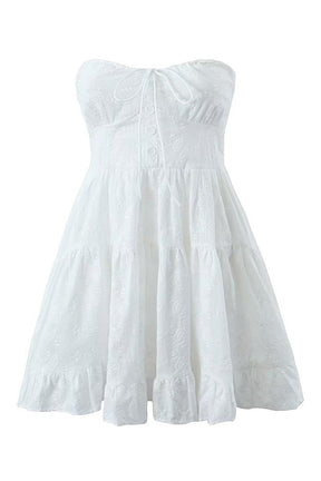 Elegant White Strapless Lace Mini Dress exudes sophistication.