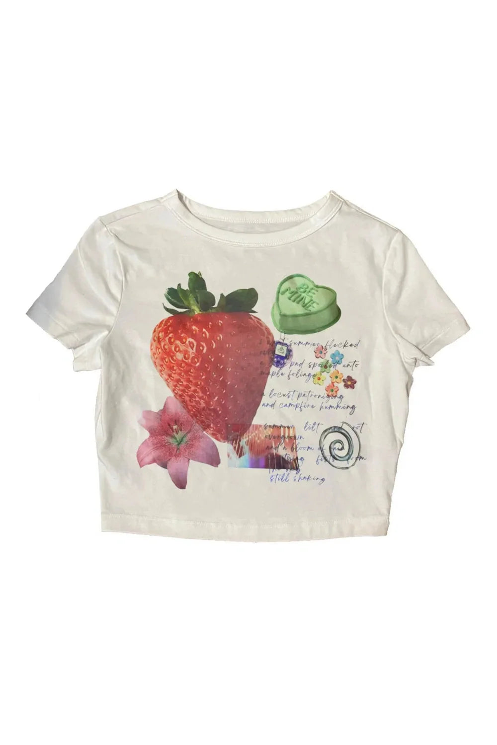 White Strawberry Dreams Collage Top: vibrant and summery.