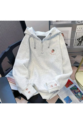 Gray Fall Strawberry Embroidered Half-Zip Hoodie with elegance.