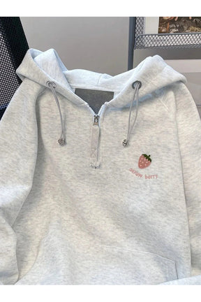 Fall Strawberry Embroidered Half-Zip Hoodie