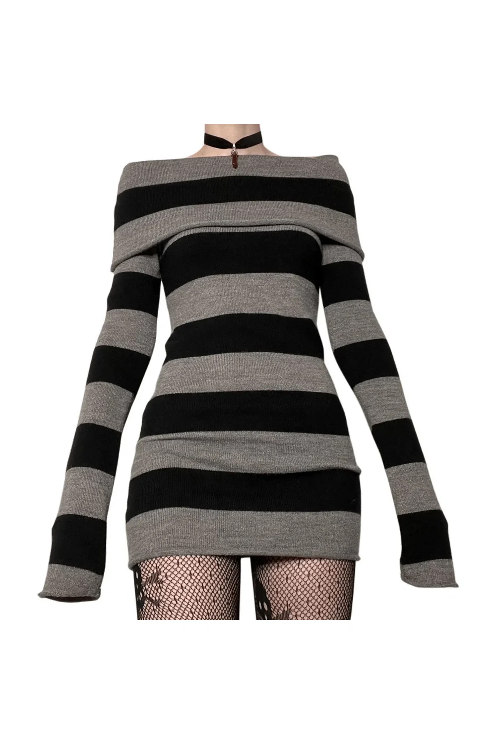 Black Striped Gothic Off-Shoulder Dress with elegance.