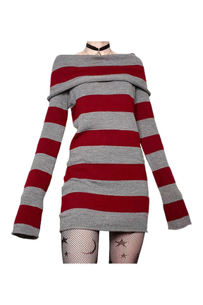 Red Striped Gothic Off-Shoulder Dress, bold and stylish.