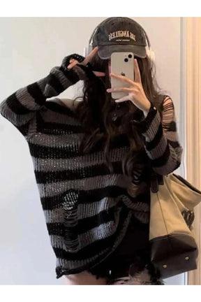 Gray Fall Striped Gothic Sweater with unique stripes.