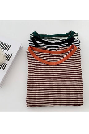 Coffee Striped Korean Summer T-shirt exudes casual elegance.