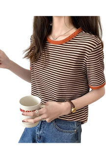 Coffee Striped Korean Summer T-shirt exudes casual elegance.