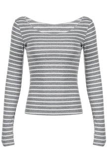 Off-shoulder gray knit top with stripes.