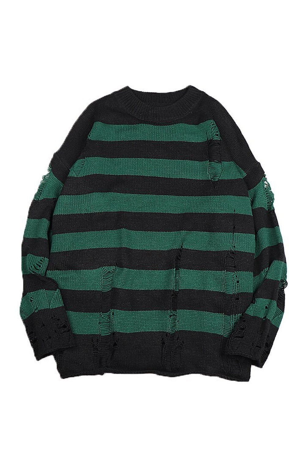 Striped ripped sweater in deep green, cozy style.