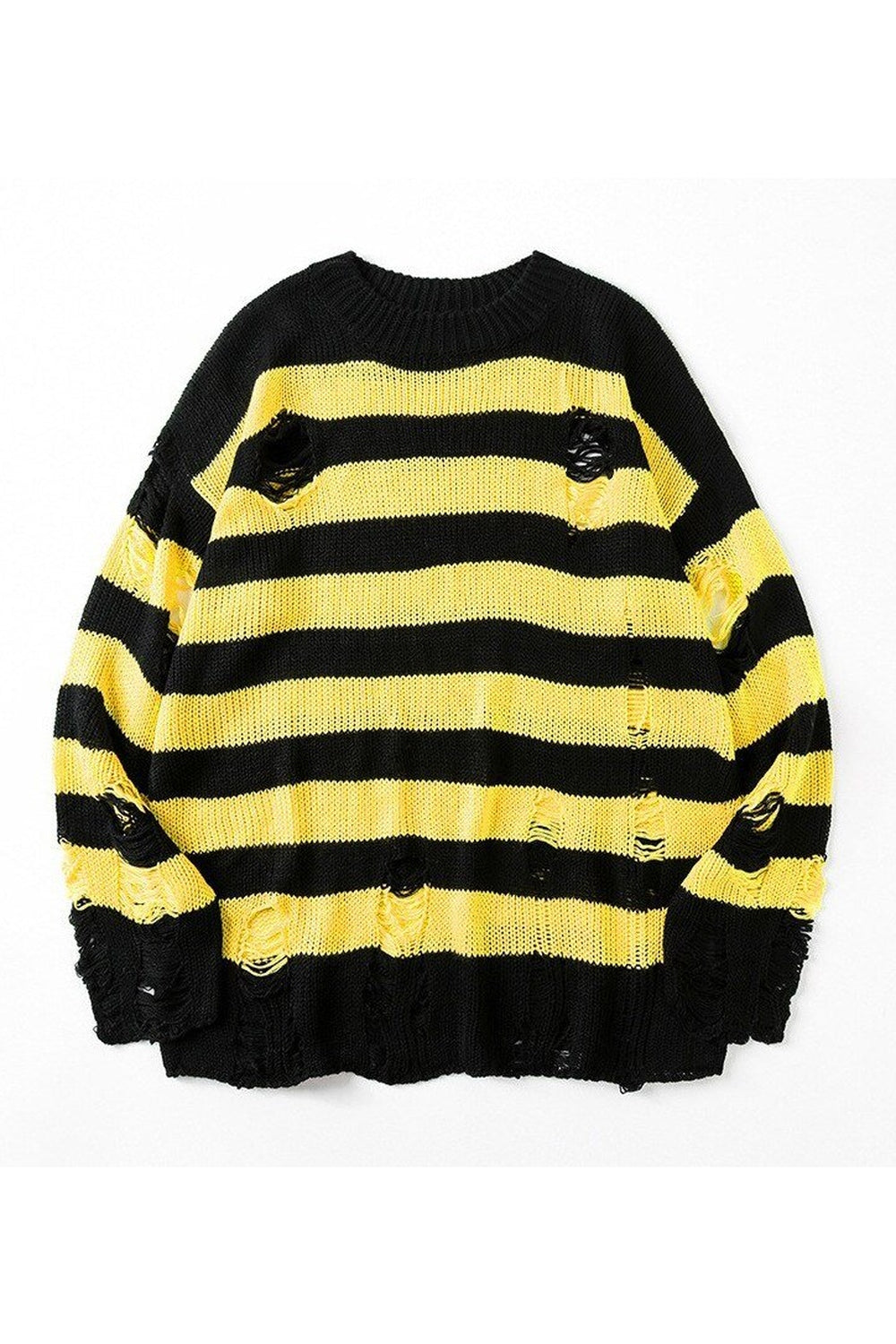 Yellow fall striped ripped sweater adds vibrancy.