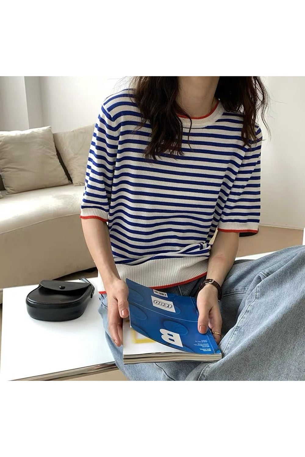 Blue striped Short Sleeve T-shirt, casual summer wear.