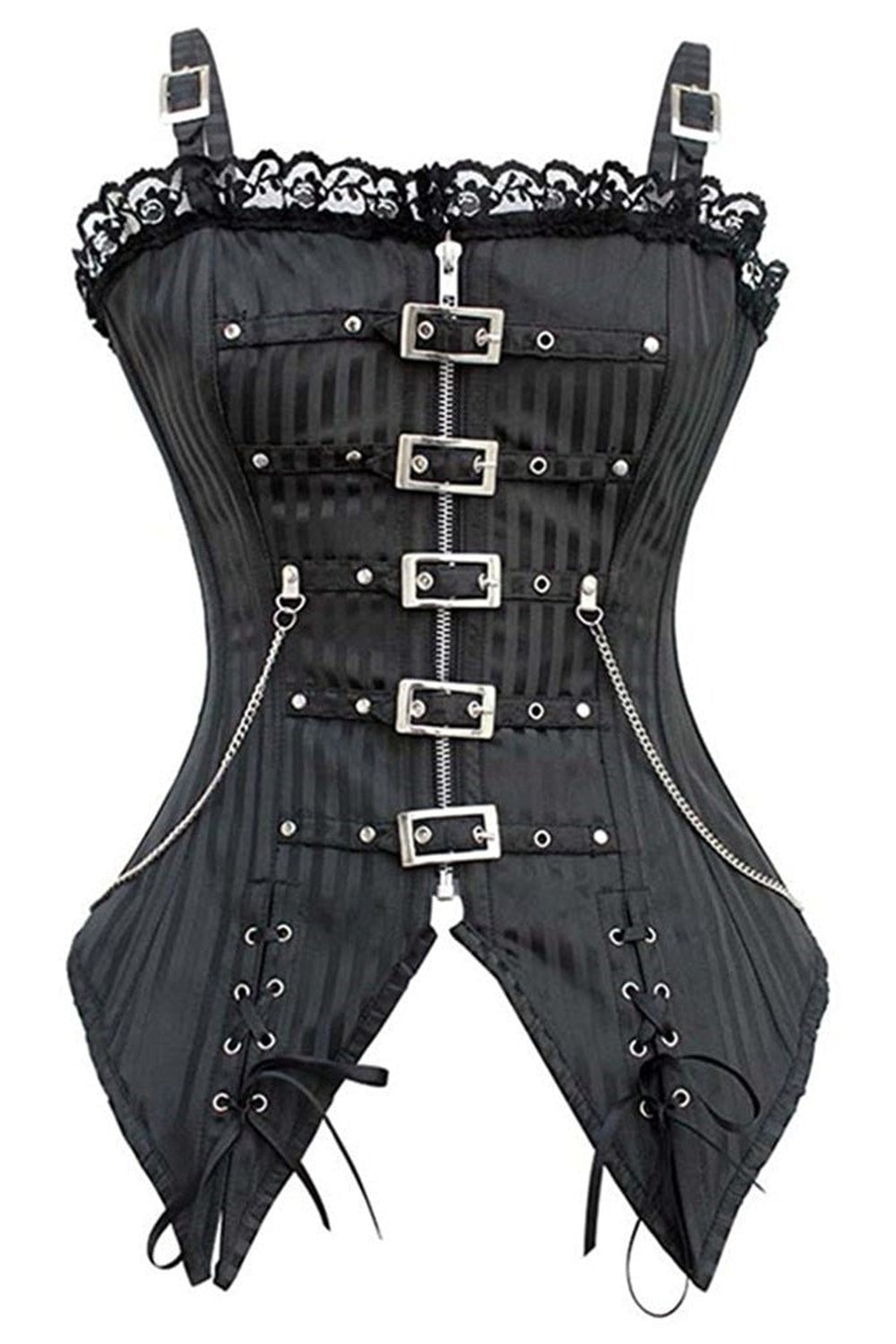 Black Striped Zip Buckled Corset, stylish and bold.