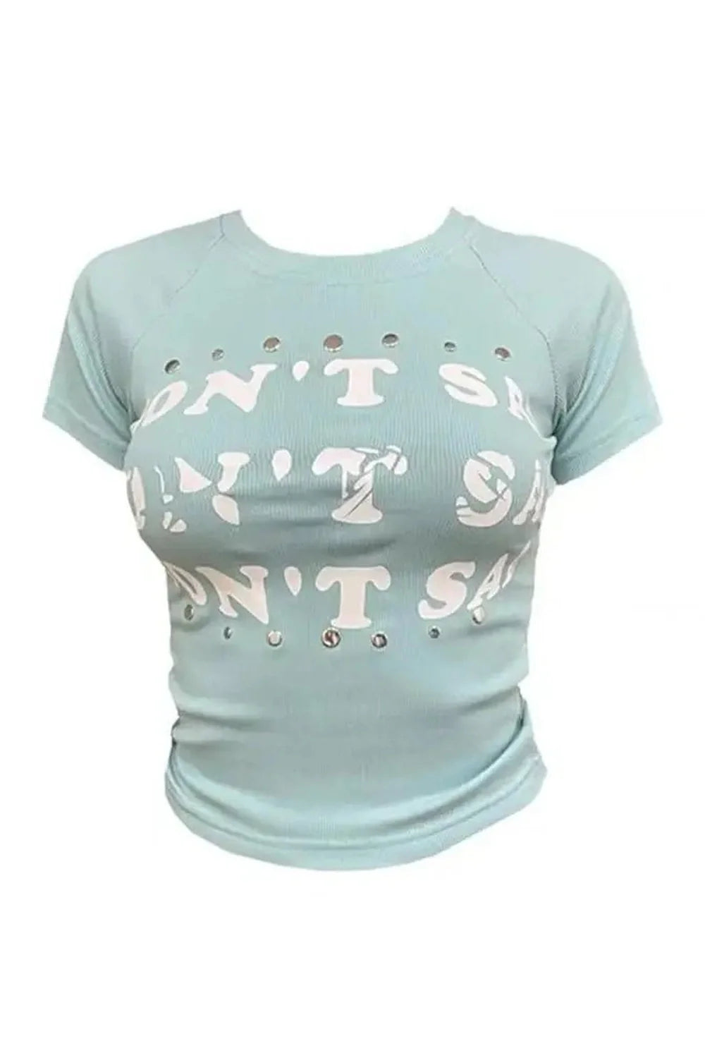 Light blue studded baby top with graphic design.