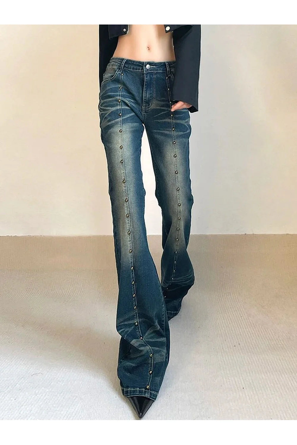 Blue studded Midnight Flare Jeans, chic and trendy.