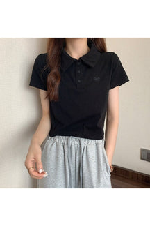 Black Summer Heart Embroidery Polo T-shirt with elegance.