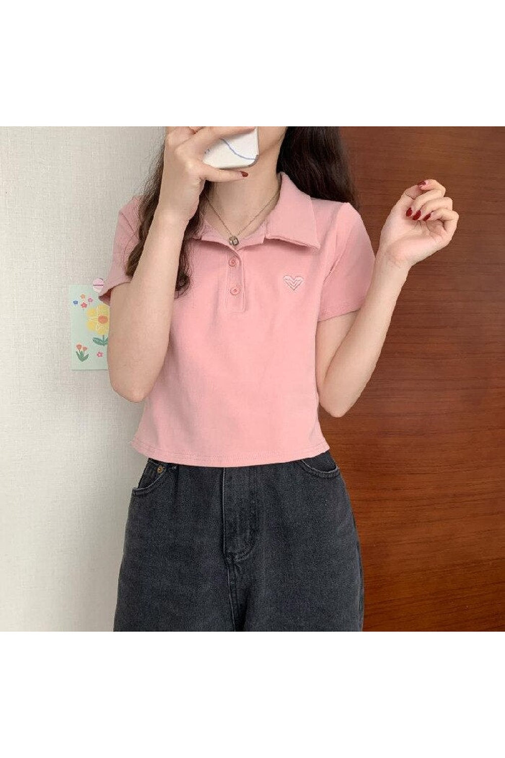 Pink Summer Heart Embroidery Polo T-shirt, stylishly embroidered.