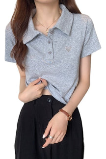 Gray Summer Heart Embroidery Polo Tee, casual chic.