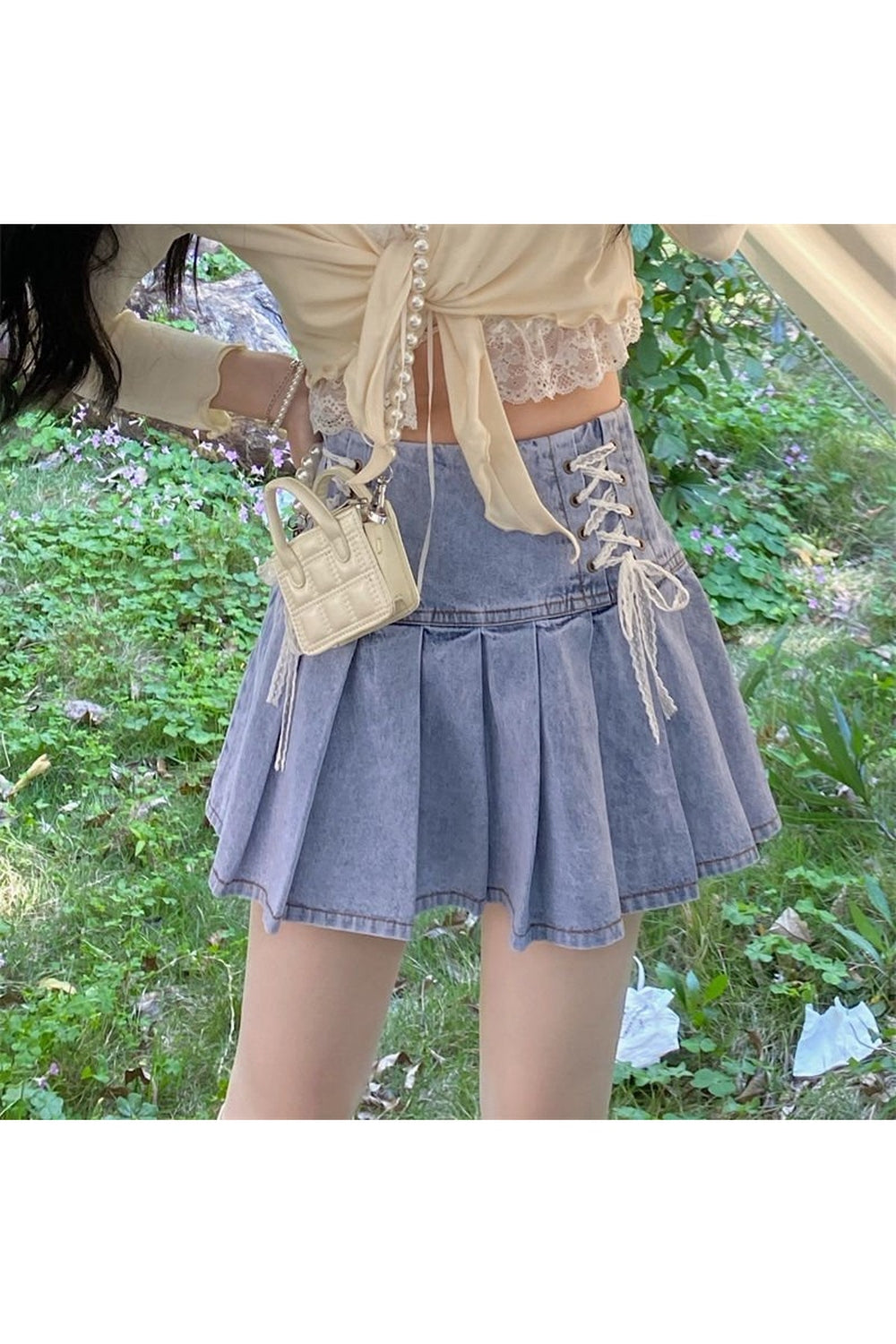 Blue Summer Lace-up Denim Skirt with eyelet detailing.