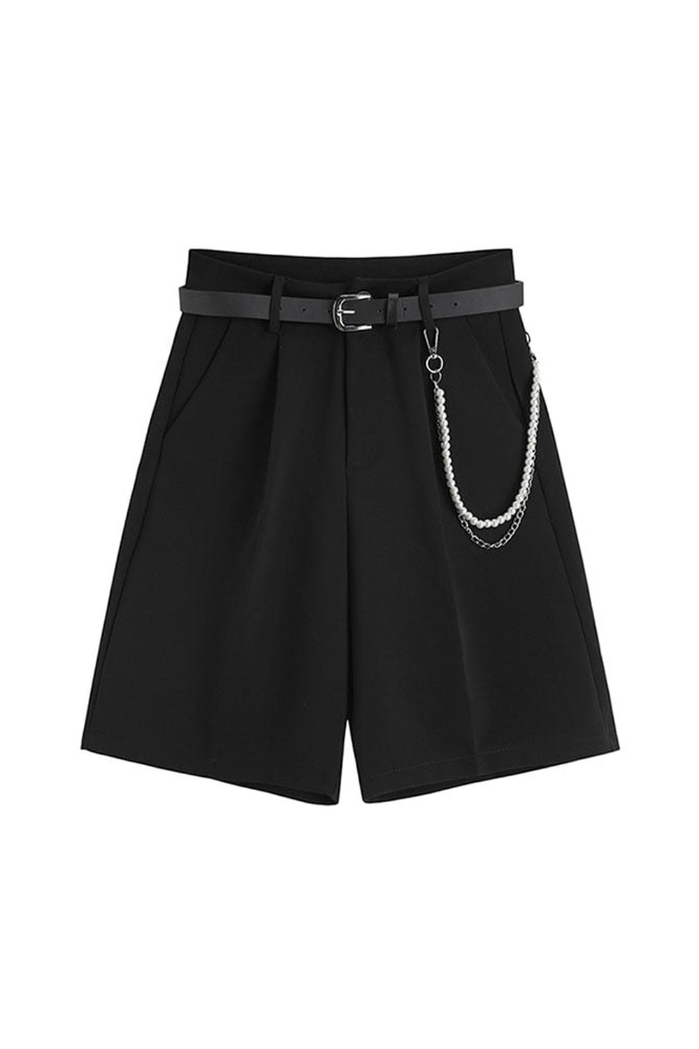 Black summer shorts with chain detail, stylish.